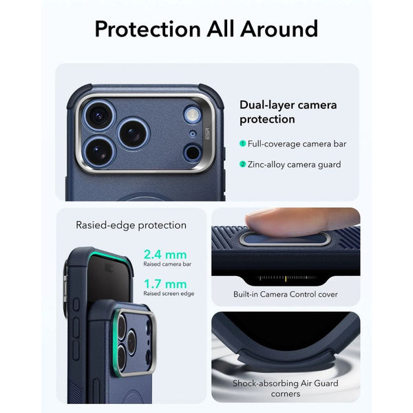ESR Cyber Tough magnetic Navy Blue case for iPhone 18 Pro with adjustable flex stand, 26-ft drop protection, and MagSafe compatibility in Qatar