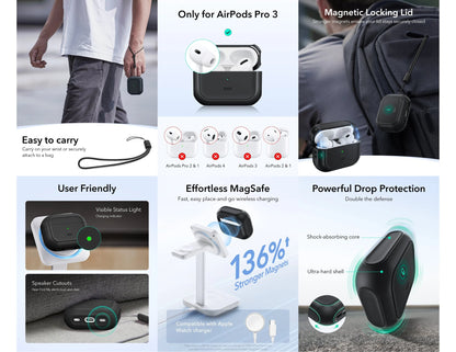 ESR Orbit Hybrid Case AirPods Pro 3 black magnetic lid drop protection MagSafe Qatar