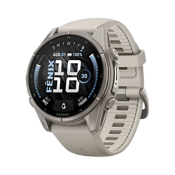Garmin fēnix 9 43mm Titanium smartwatch with Fog Grey Silicone Band and sapphire lens in Qatar