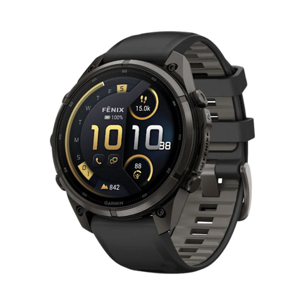 Garmin fēnix 9 Pro 47mm Carbon Gray DLC titanium GPS smartwatch with Black/Pebble Gray silicone band in Qatar