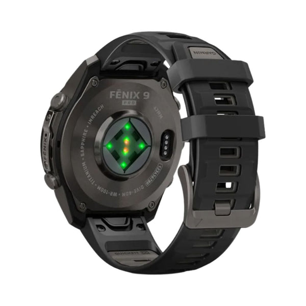 Garmin fēnix 9 Pro 47mm Carbon Gray DLC titanium GPS smartwatch with Black/Pebble Gray silicone band in Qatar