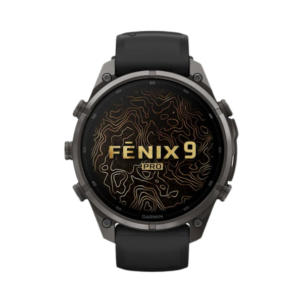 Garmin fēnix 9 Pro 47mm Carbon Gray DLC titanium GPS smartwatch with Black/Pebble Gray silicone band in Qatar