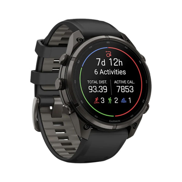 Garmin fēnix 9 Pro 47mm Carbon Gray DLC titanium GPS smartwatch with Black/Pebble Gray silicone band in Qatar