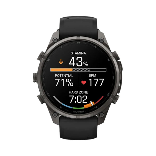 Garmin fēnix 9 Pro 47mm Carbon Gray DLC titanium GPS smartwatch with Black/Pebble Gray silicone band in Qatar