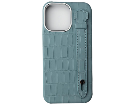 Glance Luxury Crocodile Pattern Case Airy Blue for iPhone 15 Pro & Pro Max with a hand grip, back view.