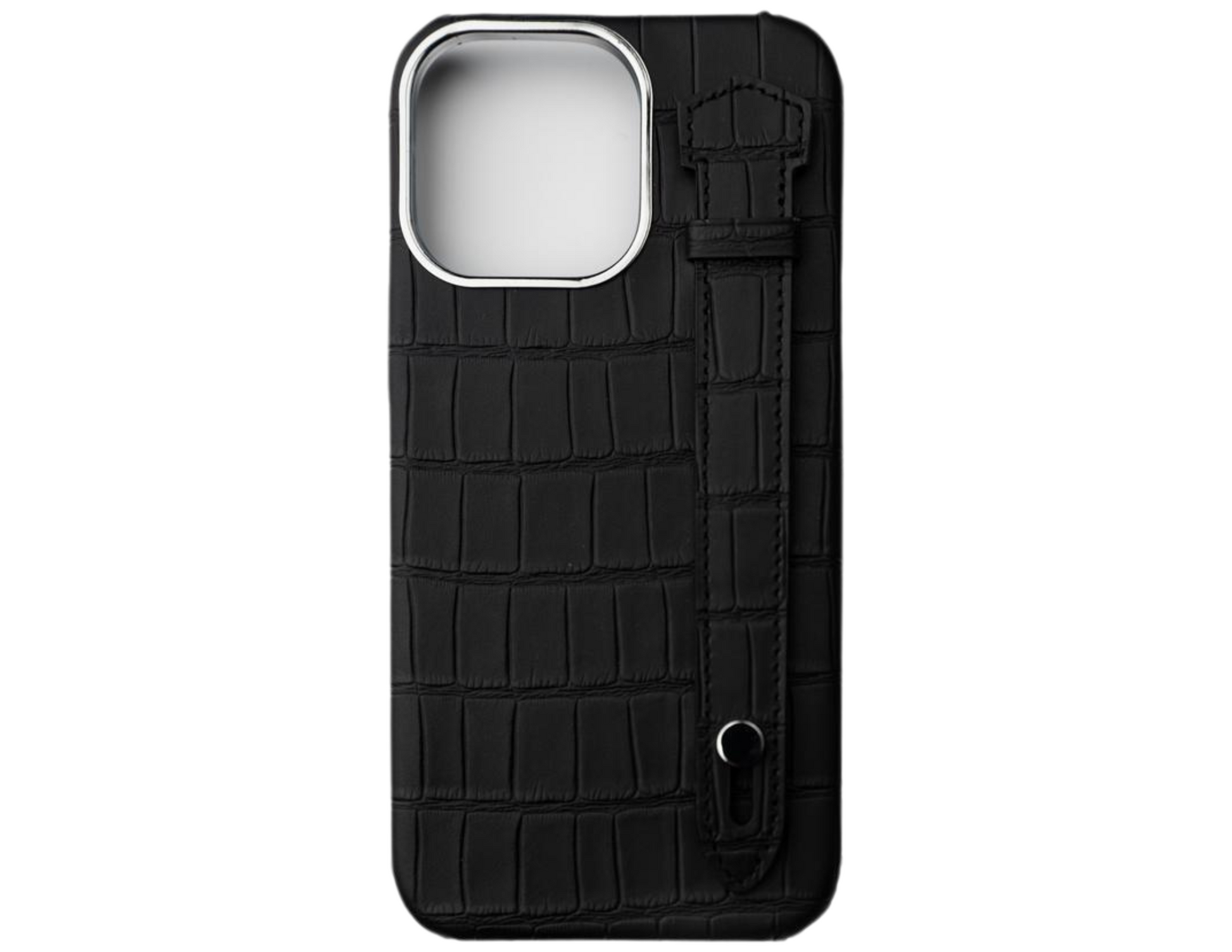 Glance Luxury Crocodile Pattern Case Black for iPhone 15 Pro & Pro Max with a hand grip, back view.