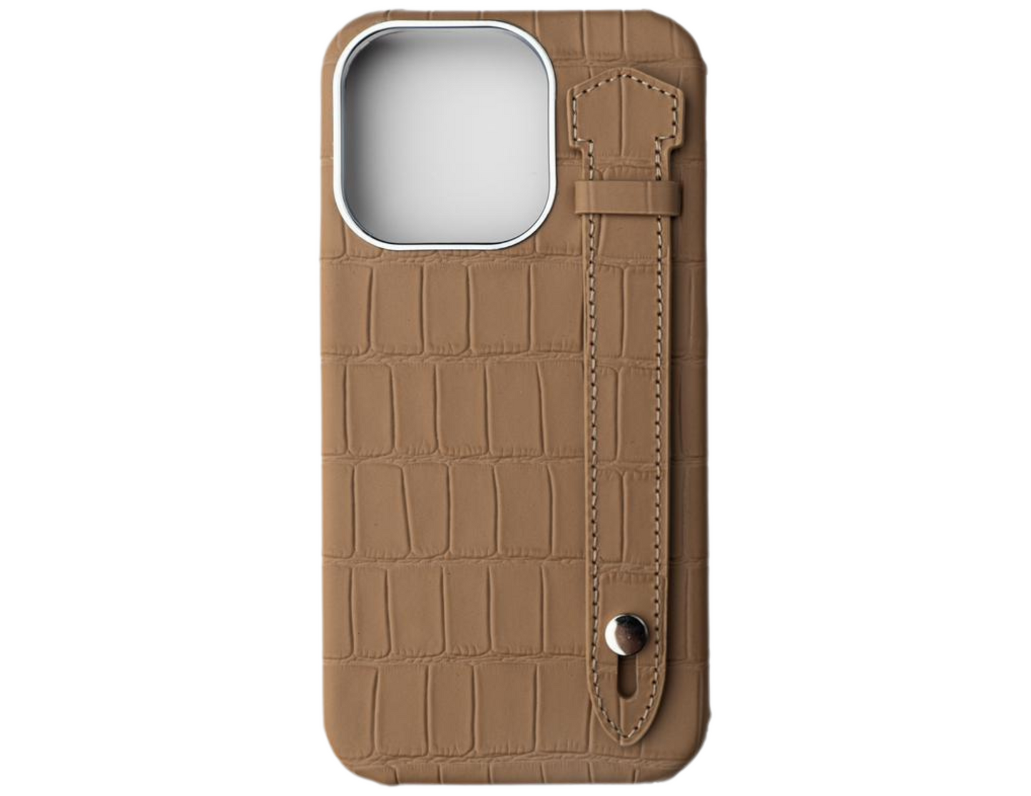 Glance Luxury Crocodile Pattern Case Nude for iPhone 15 Pro & Pro Max with a hand grip, back view.