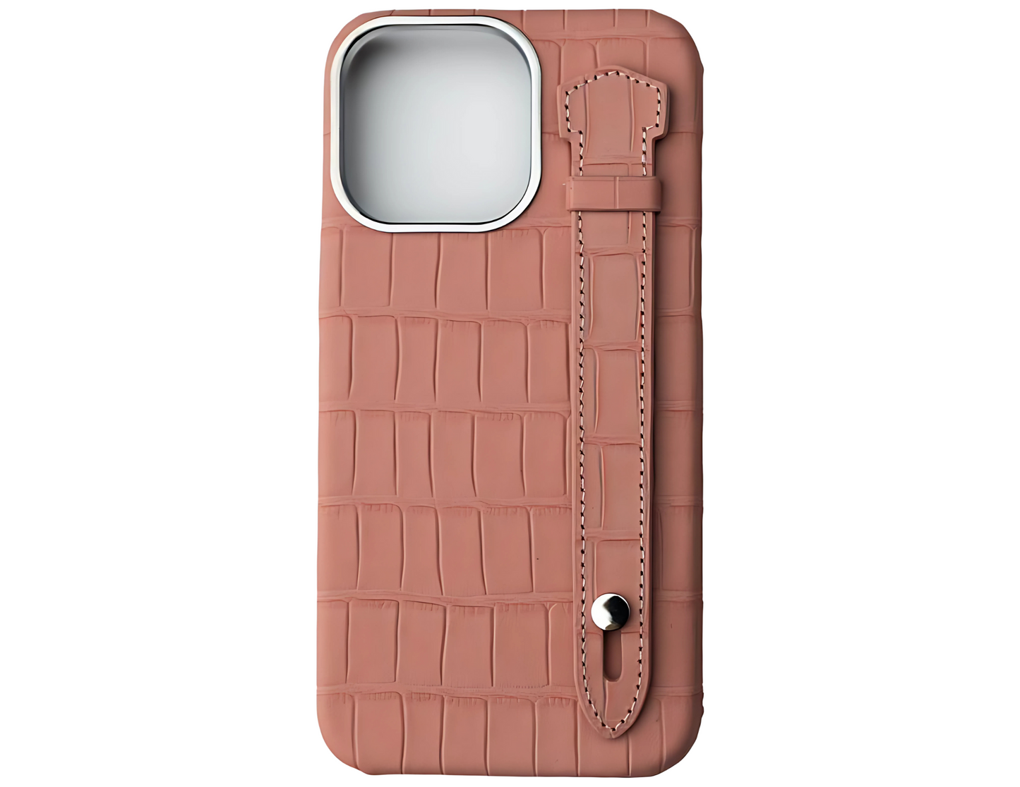 Glance Luxury Crocodile Pattern Case Pink for iPhone 15 Pro & Pro Max with a hand grip, back view.