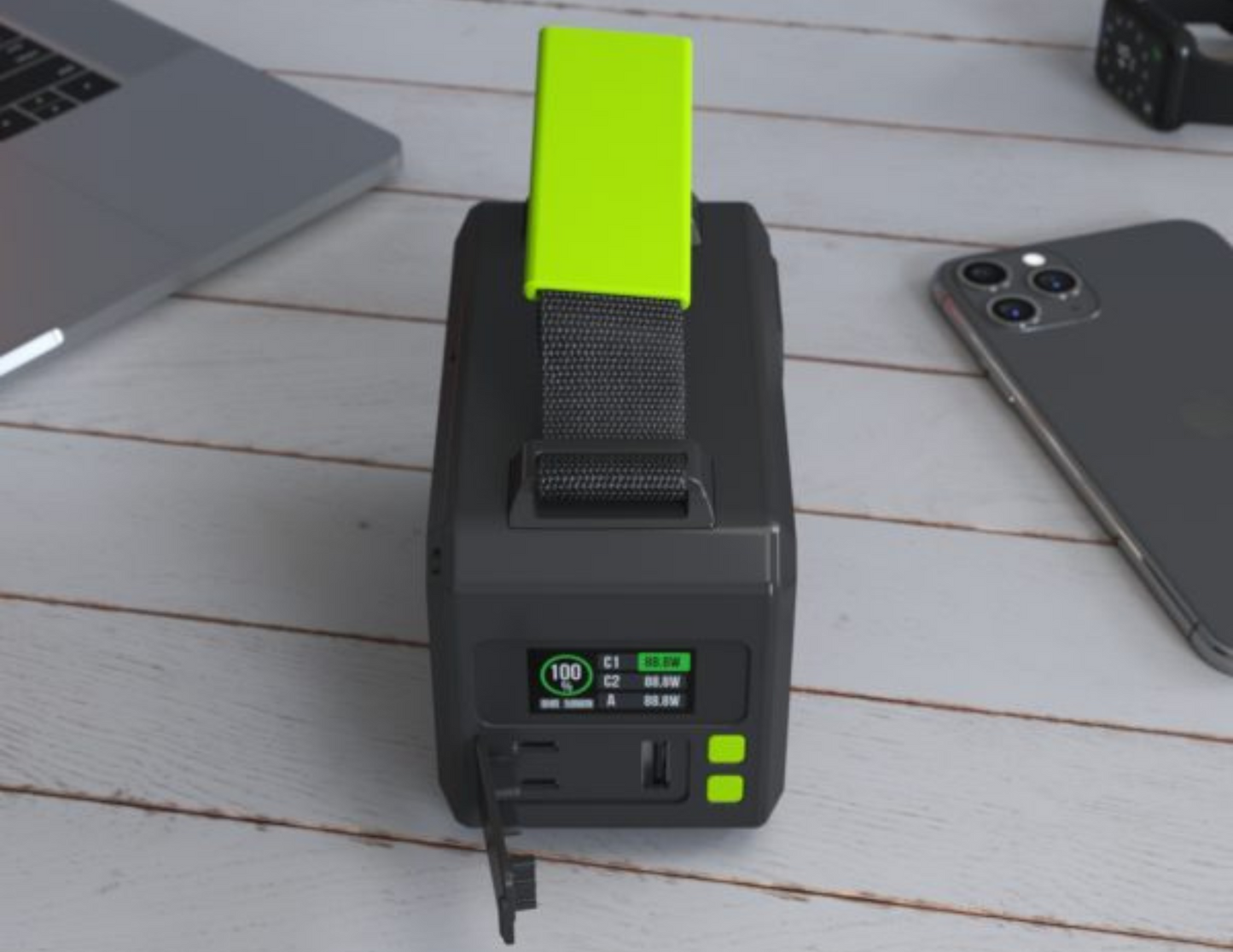 Close-up of Goui Beast 100 Power Station AES40 USB and Type-C charging ports.