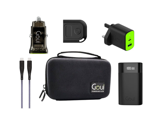 Goui Everyday Charging Essentials Pack with power bank organizer case travel charger car charger cable and tag.