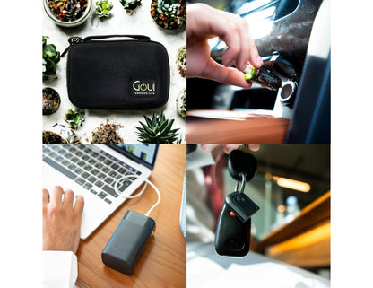 Goui Everyday Charging Essentials Pack with power bank organizer case travel charger car charger cable and tag.