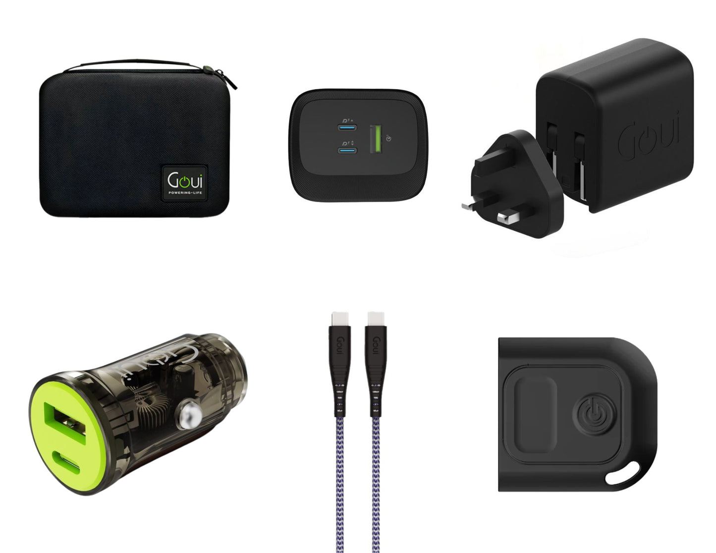 Goui Everyday Charging Essentials Pack with power bank organizer case travel charger car charger cable and tag.