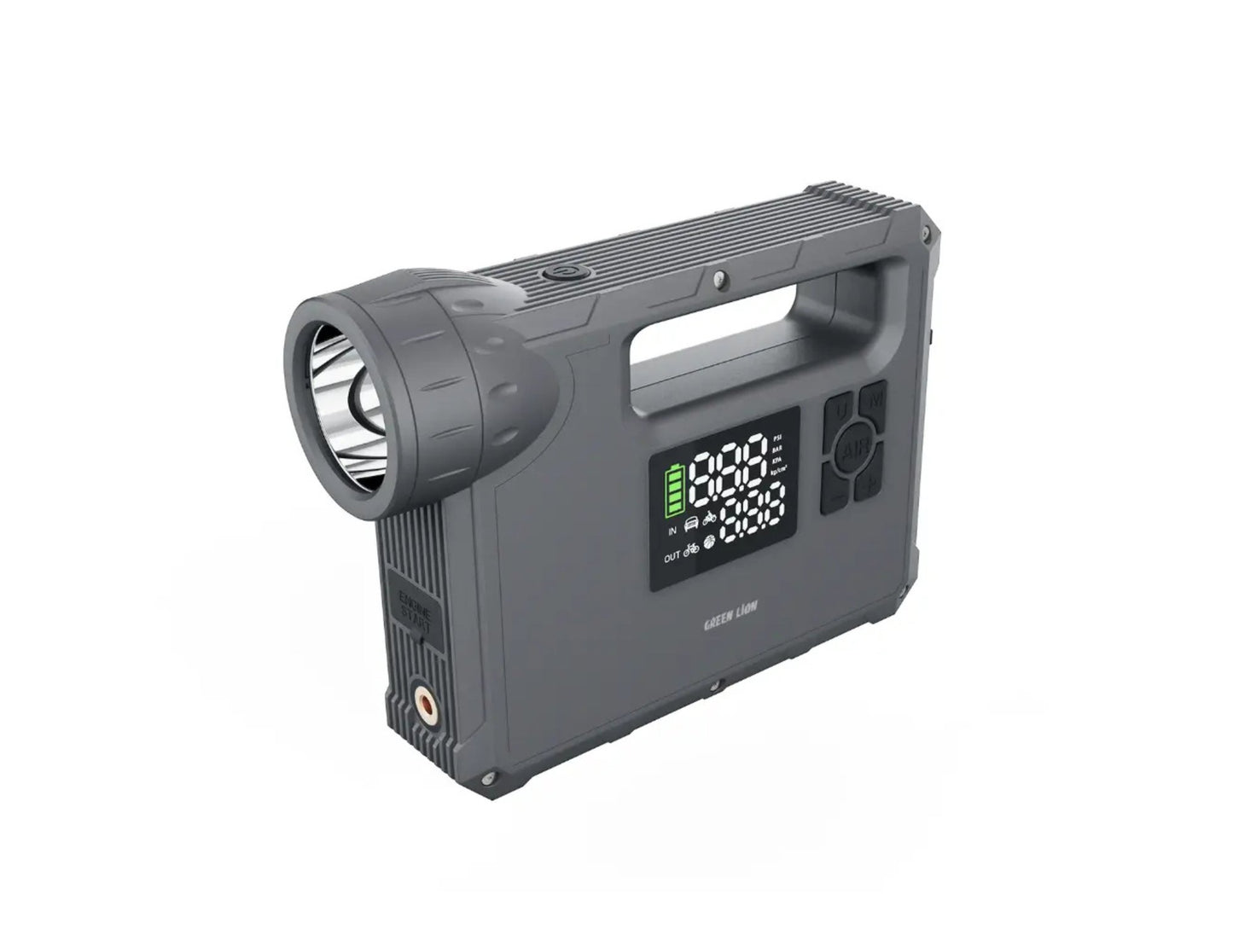 Green Lion JX-84 12V jump starter grey with air compressor flashlight and power bank.