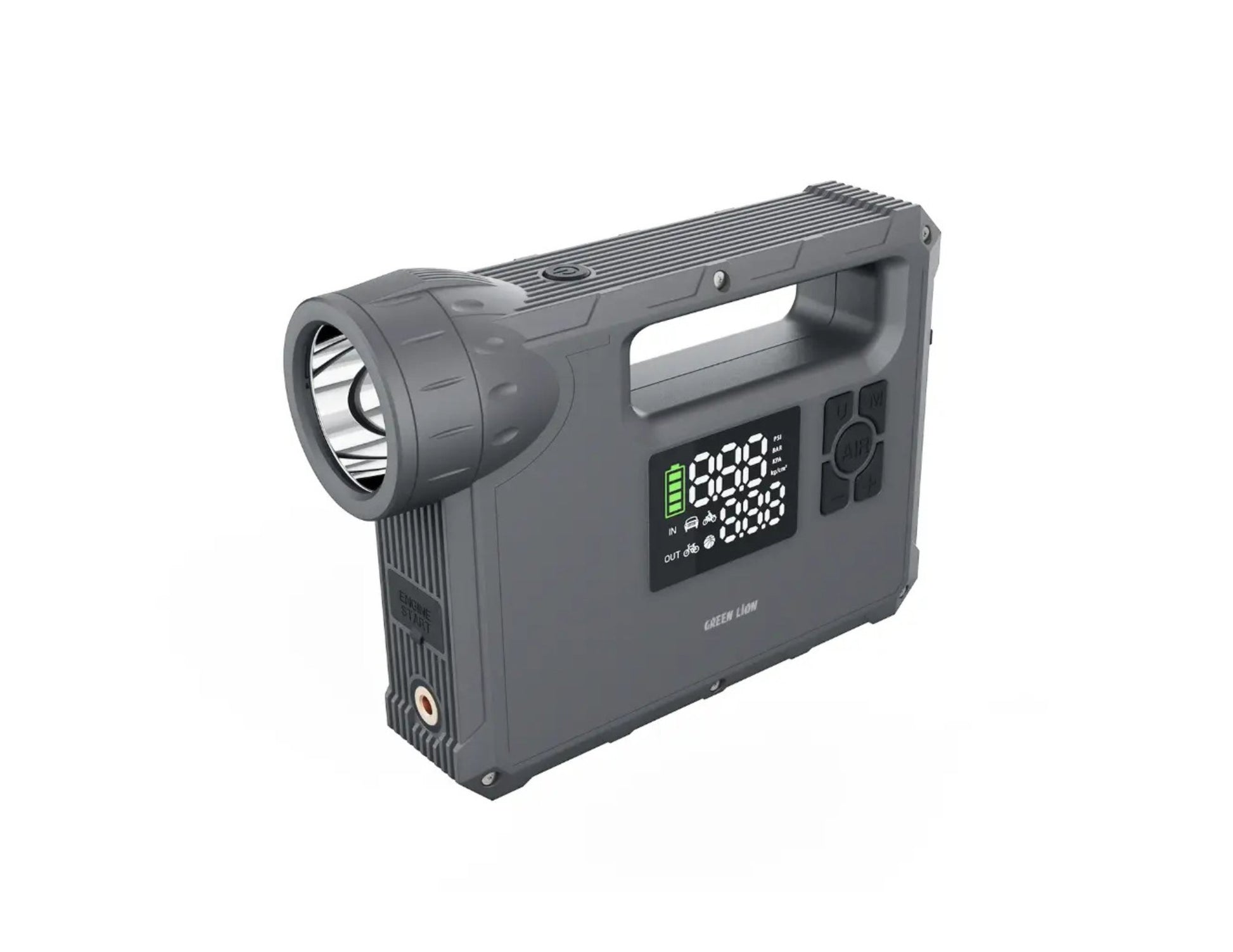 Green Lion JX-84 12V jump starter grey with air compressor flashlight and power bank.