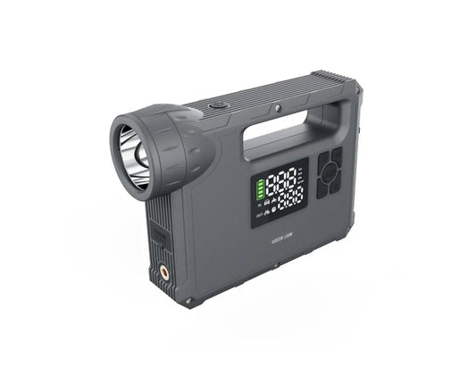 Green Lion JX-84 12V jump starter grey with air compressor flashlight and power bank.