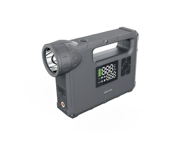 Green Lion JX-84 12V jump starter grey with air compressor flashlight and power bank.