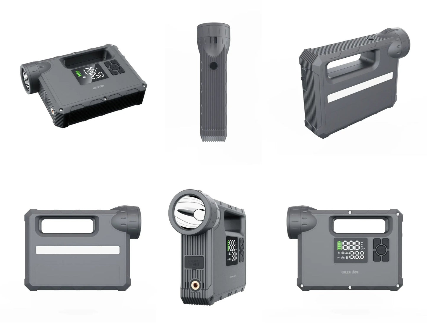 Green Lion JX-84 12V jump starter grey with air compressor flashlight and power bank.