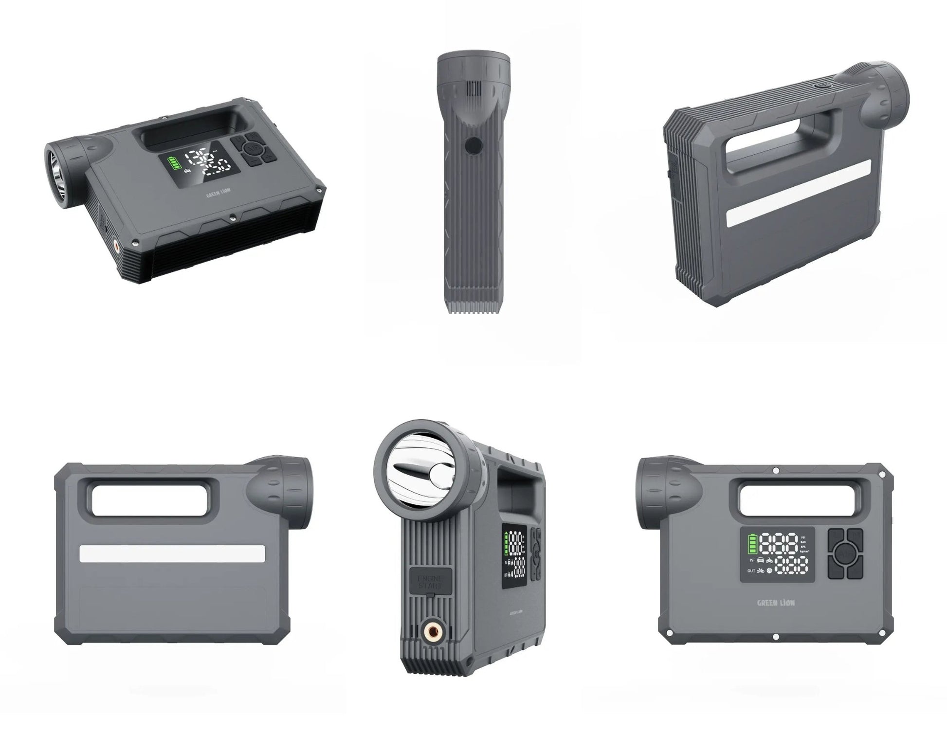 Green Lion JX-84 12V jump starter grey with air compressor flashlight and power bank.