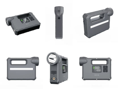 Green Lion JX-84 12V jump starter grey with air compressor flashlight and power bank.
