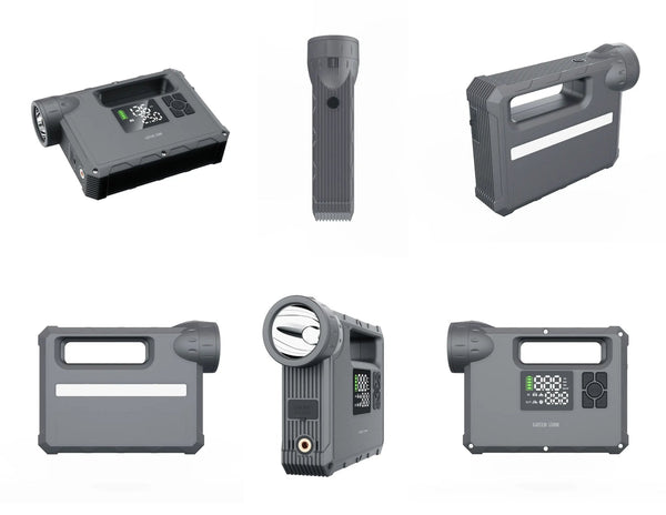 Green Lion JX-84 12V jump starter grey with air compressor flashlight and power bank.