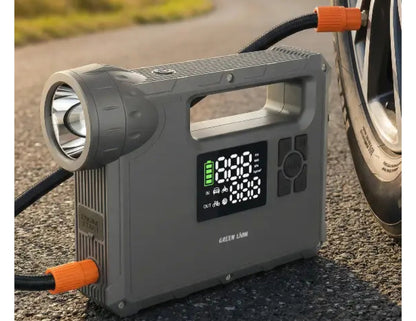 Green Lion JX-84 12V jump starter grey with air compressor flashlight and power bank.