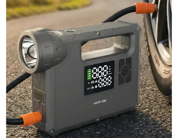 Green Lion JX-84 12V jump starter grey with air compressor flashlight and power bank.