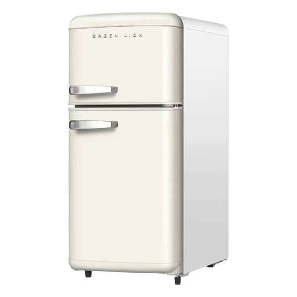 Green Lion Retro 75L Beige Refrigerator with 55L fridge, 20L freezer, seven-level temperature control and vintage steel design in Qatar