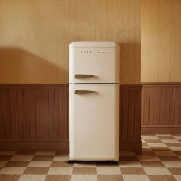Green Lion Retro 75L Beige Refrigerator with 55L fridge, 20L freezer, seven-level temperature control and vintage steel design in Qatar