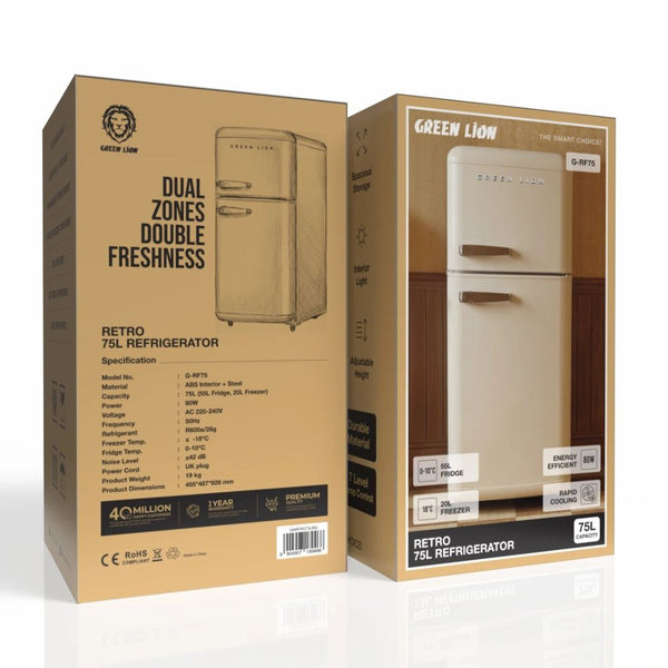 Green Lion Retro 75L Beige Refrigerator with 55L fridge, 20L freezer, seven-level temperature control and vintage steel design in Qatar
