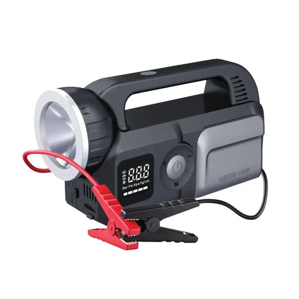 Green Lion Savior 12V 24000mAh jump starter with 3000A current air compressor and flashlight in Gray Qatar