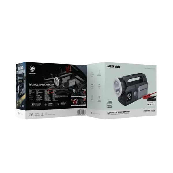 Green Lion Savior 12V 24000mAh jump starter with 3000A current air compressor and flashlight in Gray Qatar
