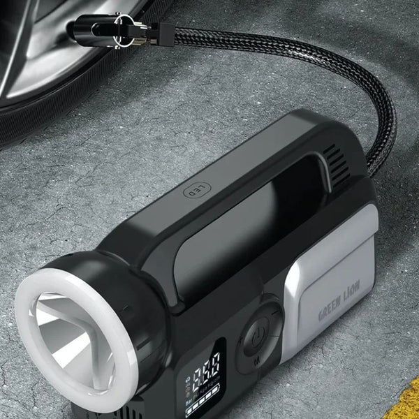 Green Lion Savior 12V 24000mAh jump starter with 3000A current air compressor and flashlight in Gray Qatar