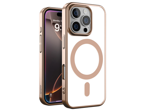Front and back view of GRIPP Glacier SlimMag Taupe Gold Case for iPhone 16 Pro.