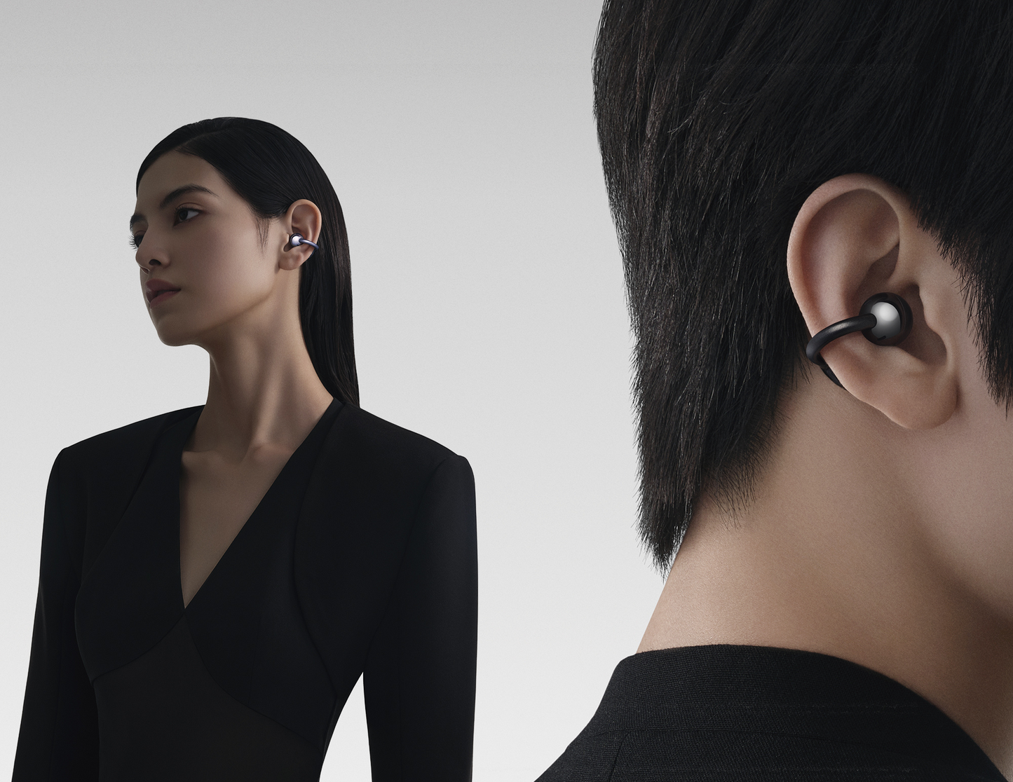 Side view of Huawei FreeClip Black Earbuds highlighting ergonomic fit.