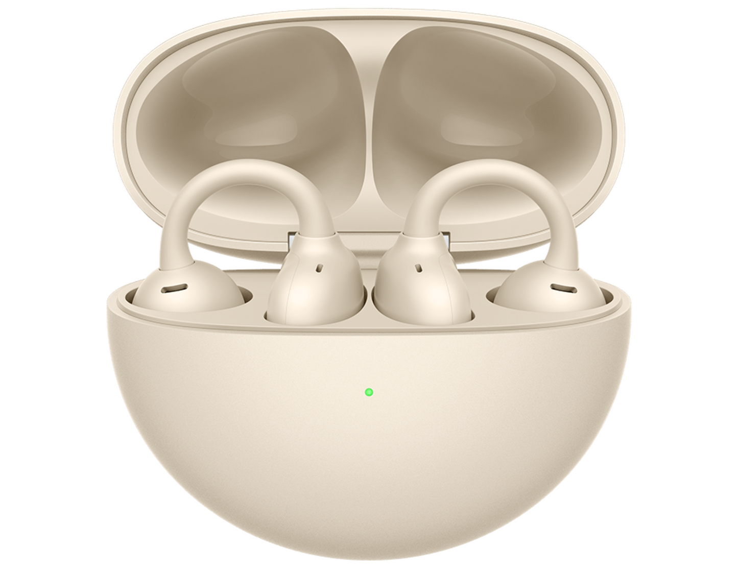 Front view of Huawei FreeClip Earbuds Beige with charging case.