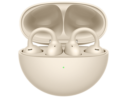 Front view of Huawei FreeClip Earbuds Beige with charging case.