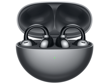 Front view of Huawei FreeClip Earbuds Black with charging case.