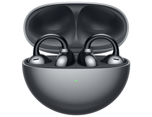 Front view of Huawei FreeClip Earbuds Black with charging case.