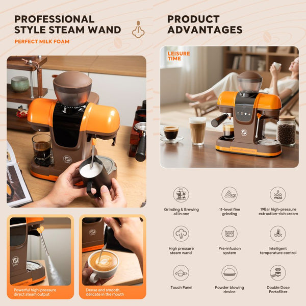 iCafilas ME2603 semi-automatic espresso coffee maker with built-in grinder, 19-bar pressure and milk frothing steam wand in Qatar