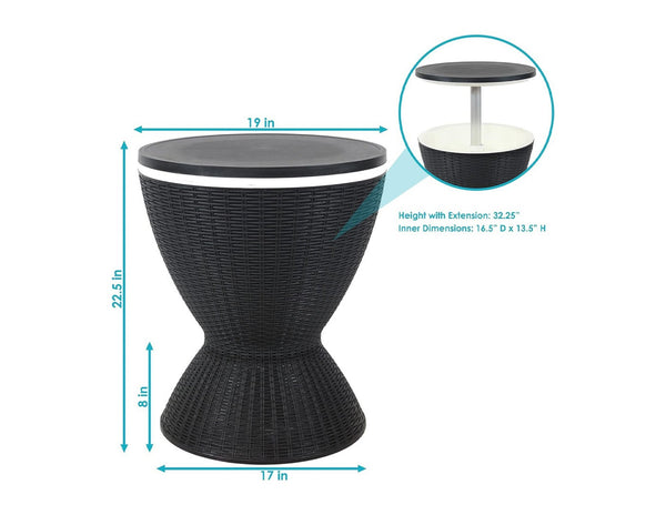 Ice Table multifunctional outdoor cooler table, weather-resistant polymer with height-adjustable tabletop and 8-gallon cooler for up to 40 cans, on patio