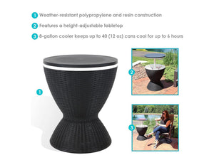 Ice Table multifunctional outdoor cooler table, weather-resistant polymer with height-adjustable tabletop and 8-gallon cooler for up to 40 cans, on patio