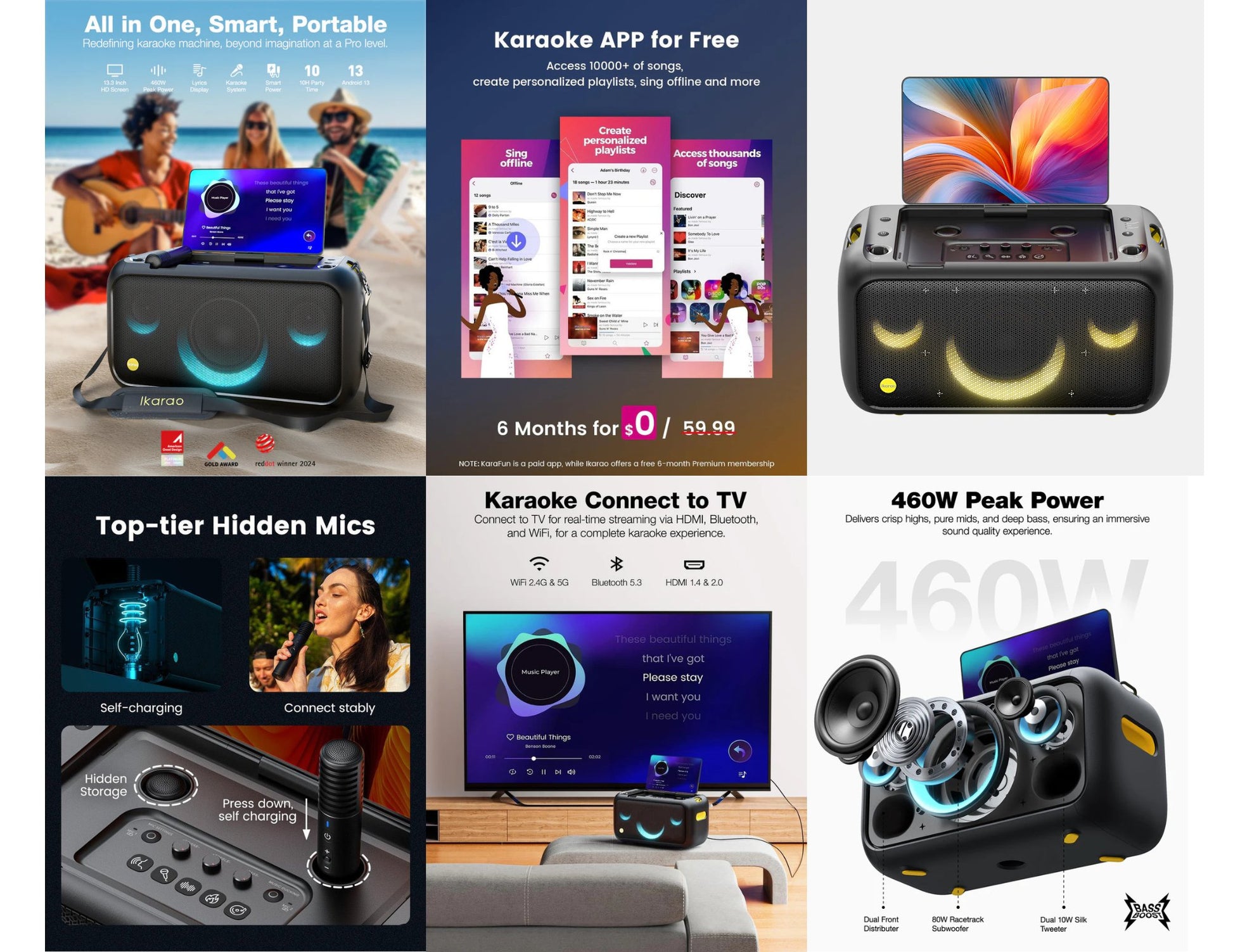 Ikarao Break X1 460W smart party speaker with 13.3 inch HD touchscreen and wireless microphones black Qatar