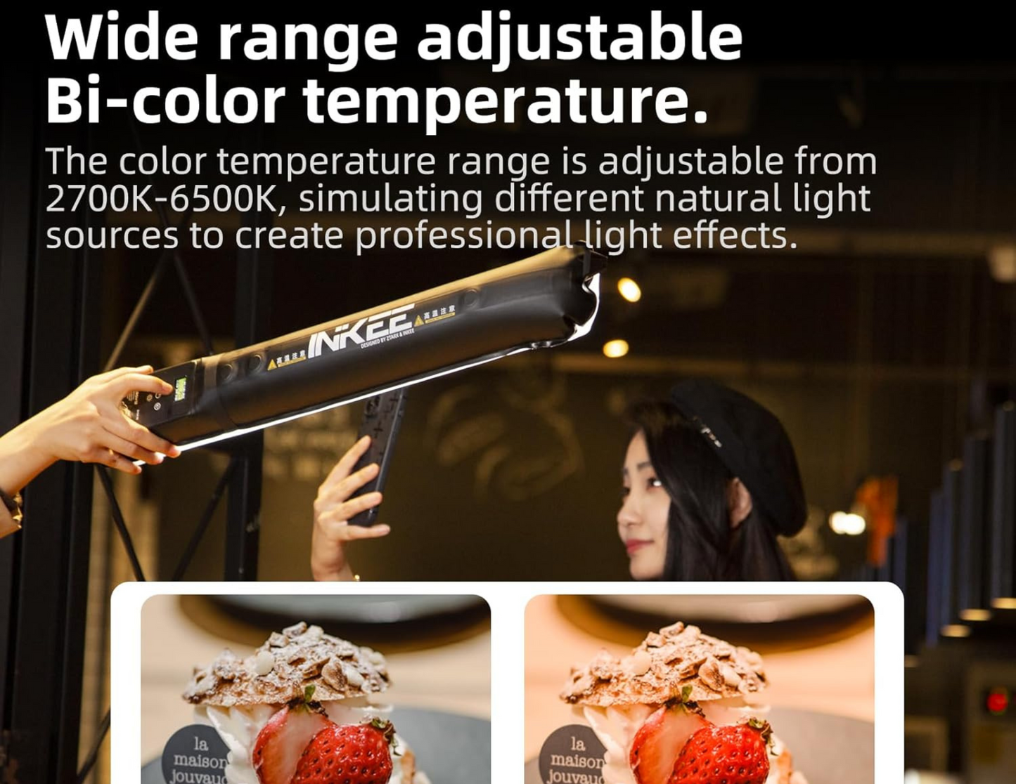 Inkee Gold Crow SK921 demonstrating its 2700K-6500K adjustable lighting.