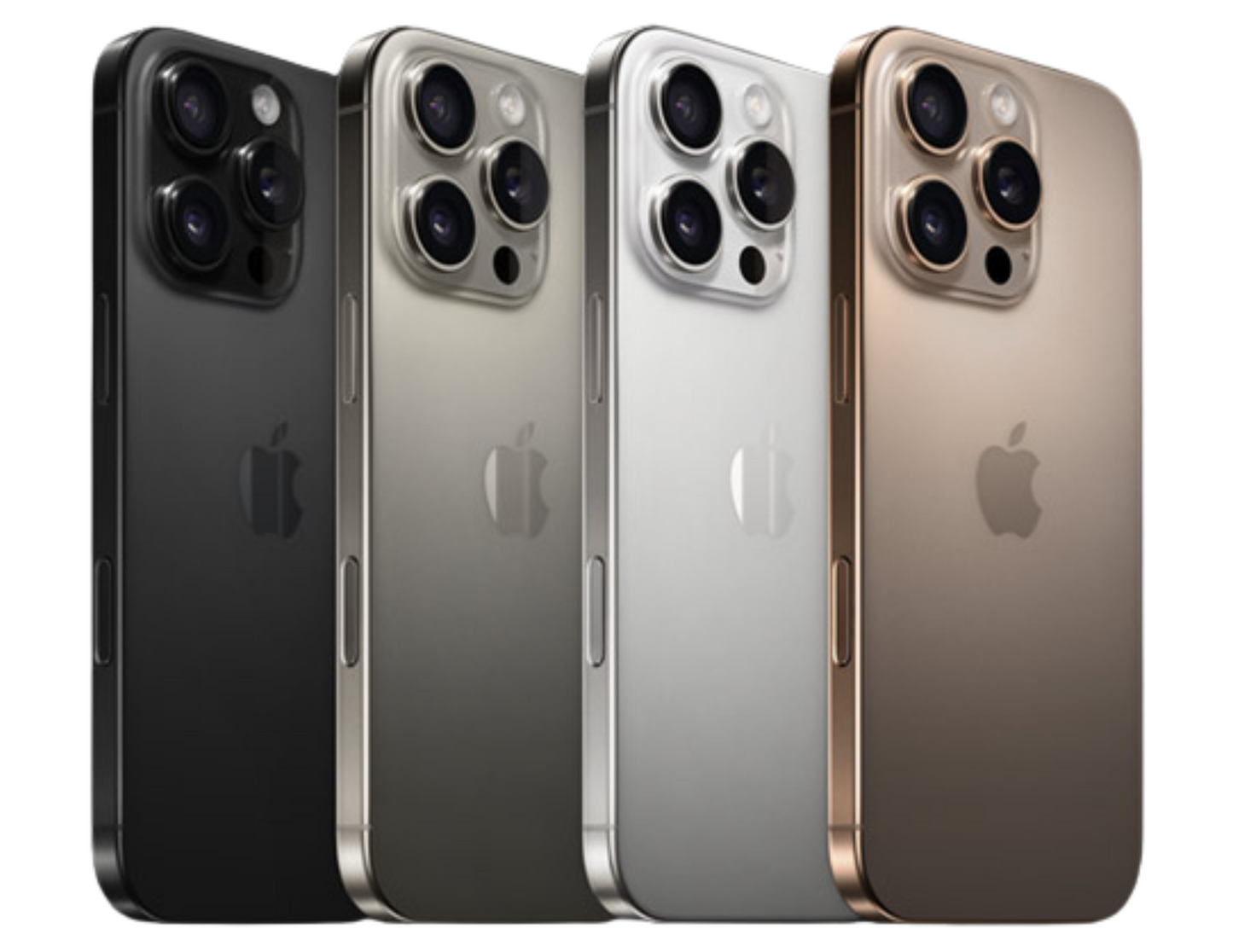 Apple iPhone 16 Pro Max in four colors: Desert Titanium, Natural Titanium, White Titanium, and Black Titanium.