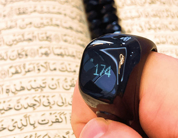 iQibla Zikr Ring Jood J01 smart tasbih ring with Athan reminders, step counter, and charging case Qatar