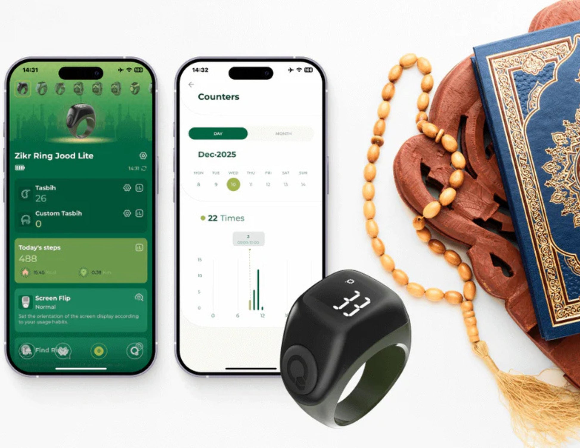 iQibla Zikr Ring Jood Lite J01T smart tasbih ring with prayer reminders and adjustable sizes, Thabthaba Store Qatar