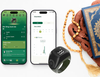 iQibla Zikr Ring Jood Lite J01T smart tasbih ring with prayer reminders and adjustable sizes, Thabthaba Store Qatar