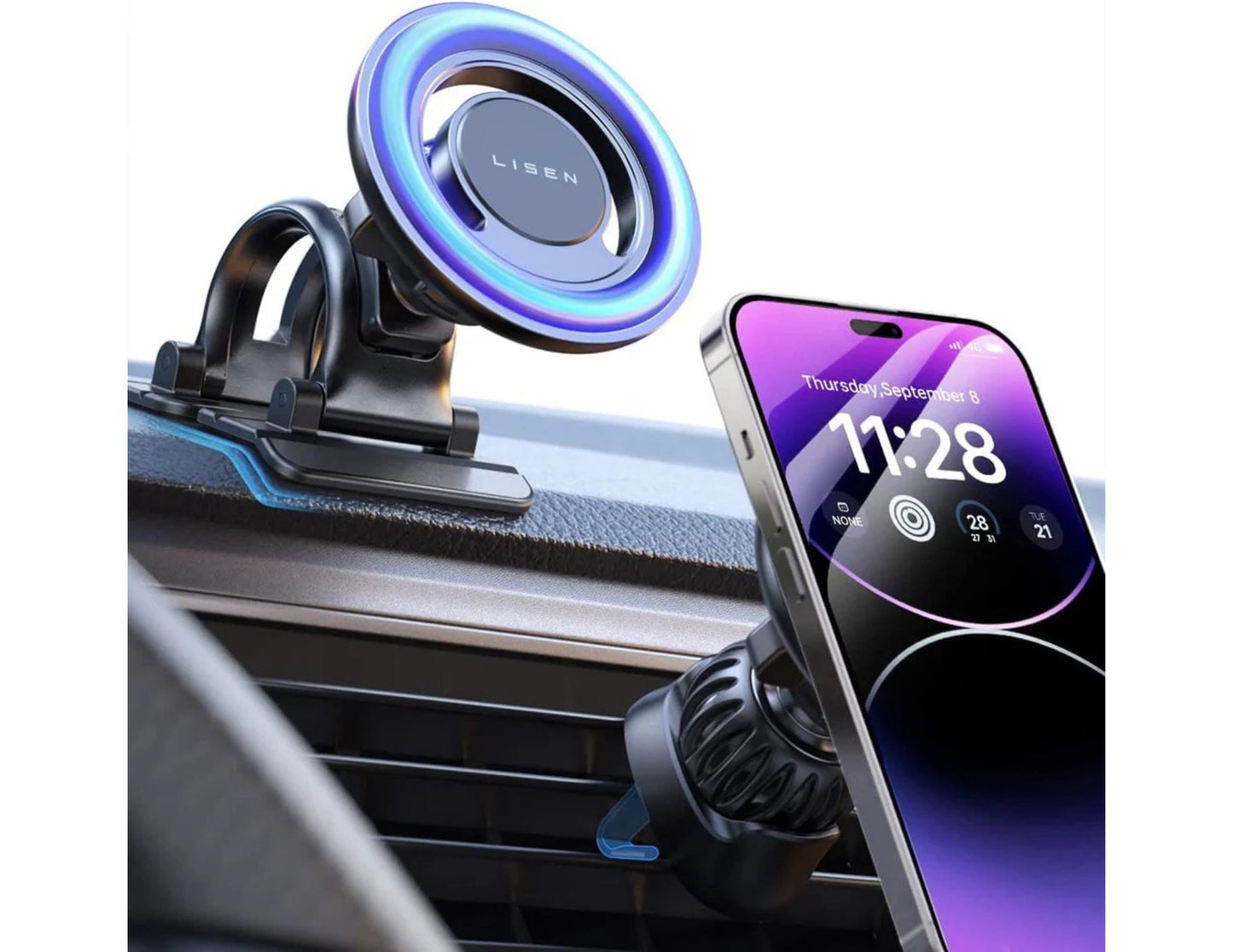 Lisen 2‑in‑1 MagSafe car phone holder with graphene 3M adhesive and steel‑hook vent clip for iPhone and Android in Qatar