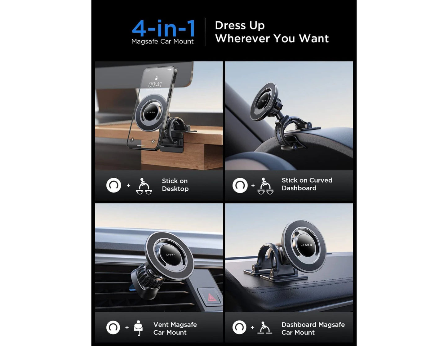 Lisen 2‑in‑1 MagSafe car phone holder with graphene 3M adhesive and steel‑hook vent clip for iPhone and Android in Qatar