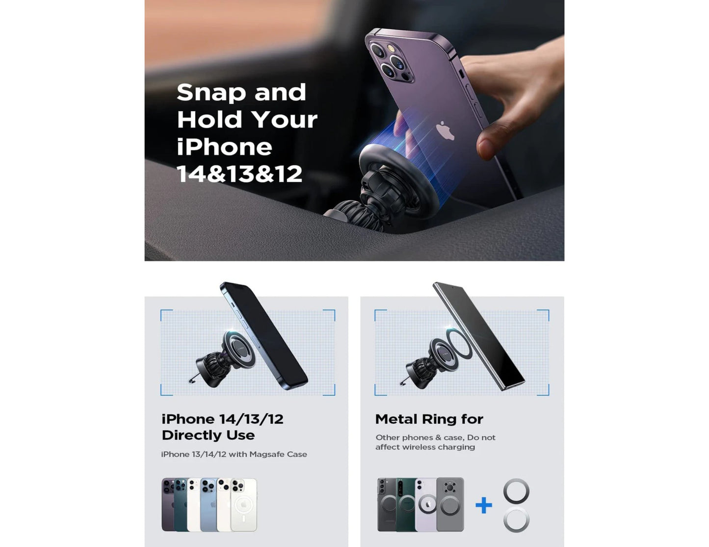 Lisen 2‑in‑1 MagSafe car phone holder with graphene 3M adhesive and steel‑hook vent clip for iPhone and Android in Qatar